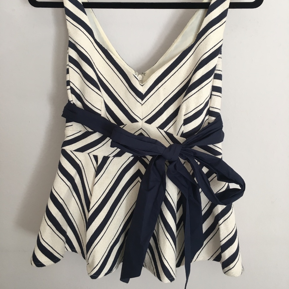 Anthropologie Maeve Navy Cream Blouse Top Nautical belted bow striped Tank